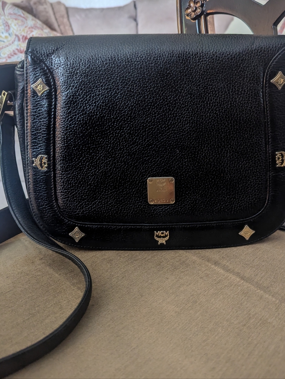 MCM Black Pebbled Leather Crossbody with Gold Accents